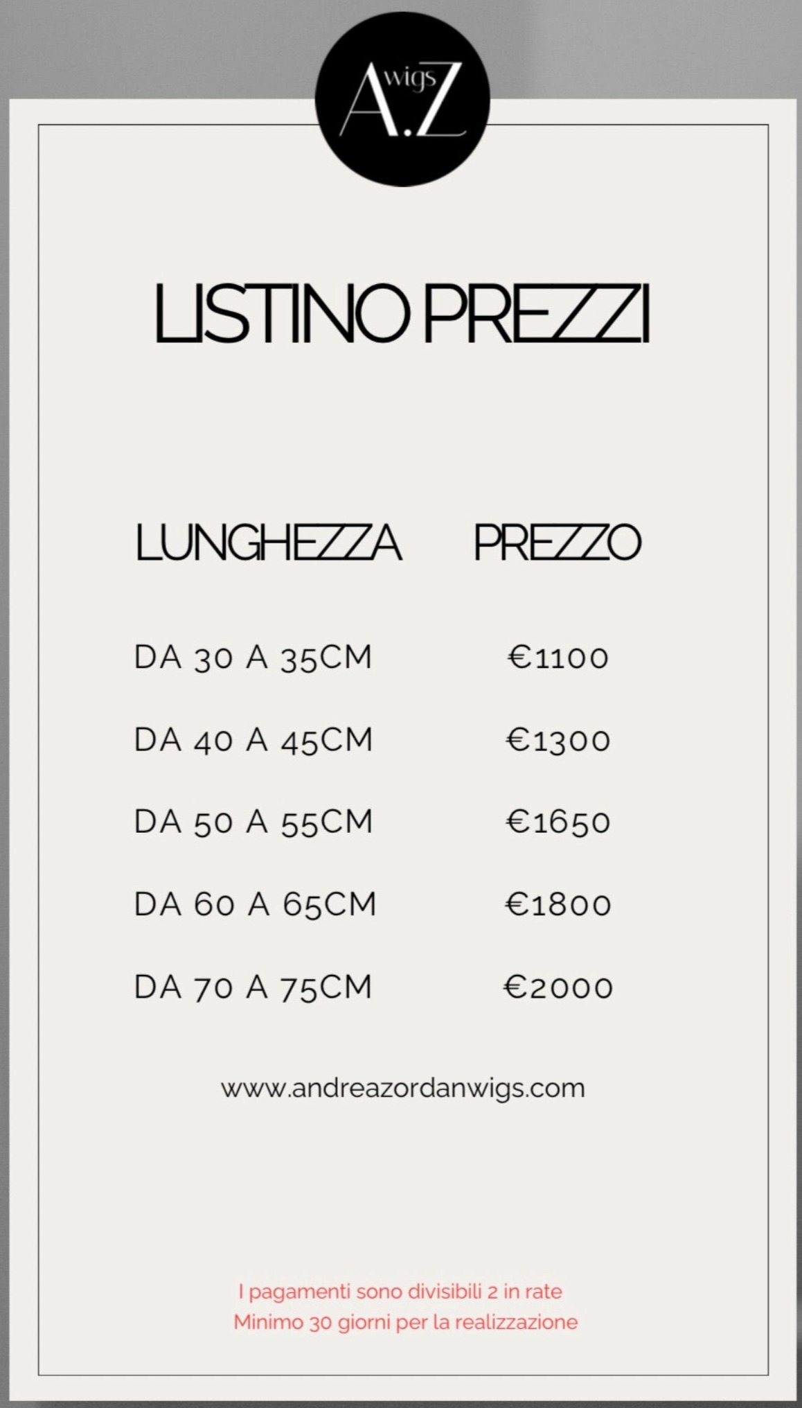 listino prezzi andrea zordan wigs